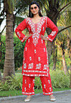 Embroidered Rayon Straight Kurta Set in Red