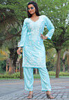 Embroidered Rayon Straight Kurta Set in Sky Blue