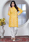 Embroidered Rayon Straight Kurta Set in Yellow