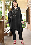 Embroidered Satin A Line Kurta Set in Black