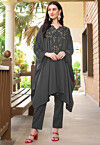 Embroidered Satin A Line Kurta Set in Grey