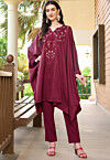 Embroidered Satin A Line Kurta Set in Maroon
