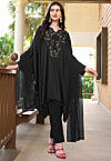 Embroidered Satin A Line Suit in Black