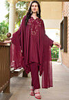 Embroidered Satin A Line Suit in Maroon