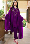 Embroidered Satin A Line Suit in Purple