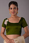 Embroidered Satin Blouse in Olive Green