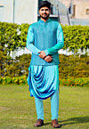 Embroidered Satin Cowl Style Kurta Set in Turquoise
