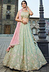 Embroidered Satin Scalloped Lehenga in Light Green