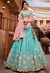 Embroidered Satin Scalloped Lehenga in Turquoise