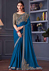 Embroidered Satin Silk Saree in Blue