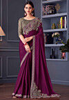 Embroidered Satin Silk Saree in Wine