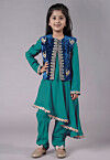 Embroidered Shantoon Asymmetric Kurta Set in Green and Blue
