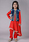 Embroidered Shantoon Asymmetric Kurta Set in Red and Teal Blue