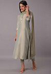 Embroidered Sleeve Cotton Silk Pakistani Suit in Dusty Green