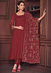 Embroidered Sleeve Georgette Anarkali Suit in Maroon