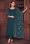 Embroidered Sleeve Georgette Anarkali Suit in Teal Blue