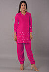 Embroidered Rayon Straight Kurta Set in Dark Pink