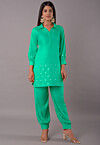 Embroidered Rayon Straight Kurta Set in Teal Green