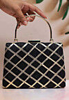 Embroidered Synthetic Rectangular Clutch Bag in Black