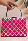 Embroidered Synthetic Rectangular Clutch Bag in Fuchsia