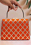 Embroidered Synthetic Rectangular Clutch Bag in Orange