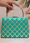 Embroidered Synthetic Rectangular Clutch Bag in Turquoise