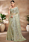 Embroidered Tissue Organza Scalloped Saree in Light Green