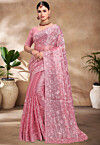 Embroidered Tissue Organza Scalloped Saree in Pink