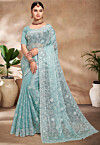 Embroidered Tissue Organza Scalloped Saree in Sky Blue