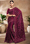 Embroidered Tissue Organza Scalloped Saree in Wine