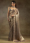 Embroidered Tissue Shimmer Scalloped Saree in Golden