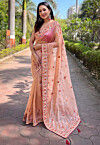 Embroidered Tissue Silk Saree in Peach