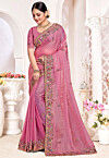 Embroidered Tissue Silk Saree in Pink