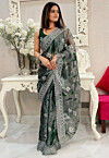 Embroidered Tissue Silk Scalloped Saree in Green