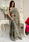 Embroidered Tissue Silk Scalloped Saree in Olive Green
