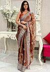 Embroidered Tissue Silk Scalloped Saree in Orange