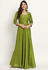 Embroidered Trim Art Silk Gown in Green