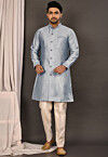 Embroidered Trim Art Silk Sherwani in Grey