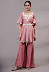 Embroidered Uppada Silk A Line Kurti Set in Peach