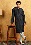 Embroidered Uppada Silk Kurta Set in Black
