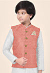 Embroidered Uppada Silk Nehru Jacket in Peach