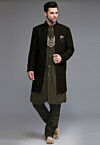 Embroidered Georgette Sherwani in Olive Green