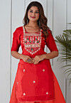 Embroidered Uppada Silk Straight Kurta in Red