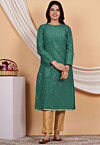 Embroidered Uppada Silk Straight Kurta Set in Dark Green