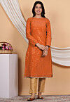 Embroidered Uppada Silk Straight Kurta Set in Orange