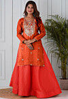 Embroidered Uppada Silk Straight Kurta Set in Orange