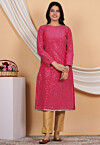 Embroidered Uppada Silk Straight Kurta Set in Pink