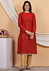 Embroidered Uppada Silk Straight Kurta Set in Red