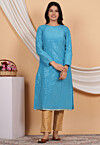 Embroidered Uppada Silk Straight Kurta Set in Sky Blue