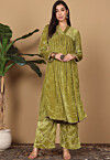 Embroidered Velvet A Line Kurta Set in Olive Green